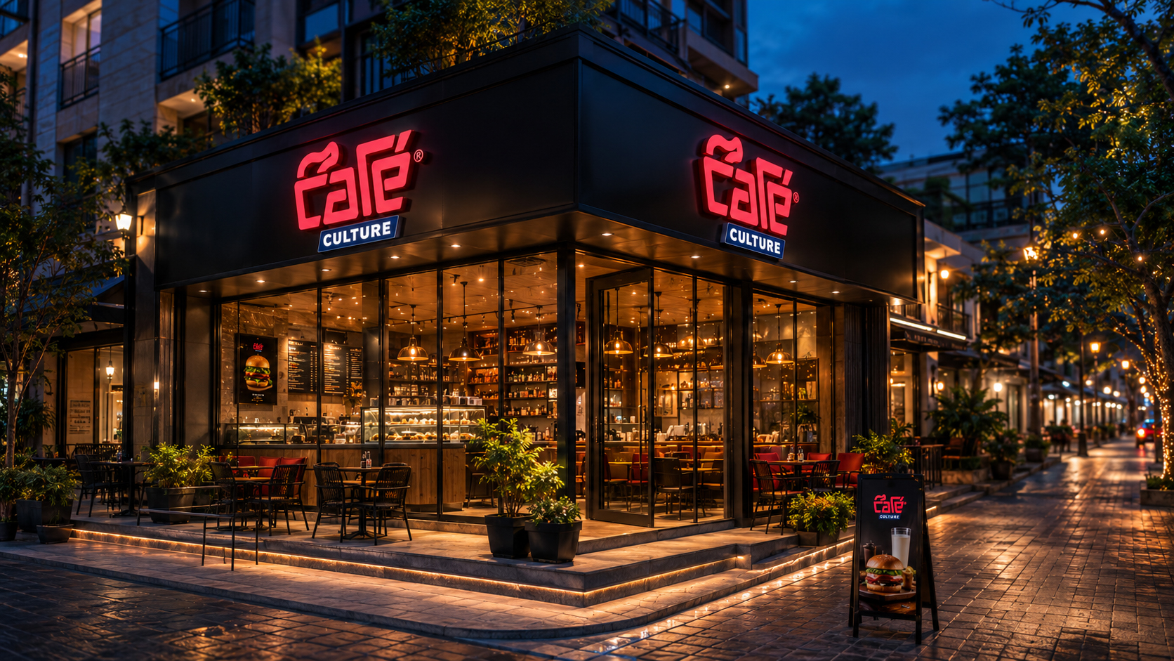 Café Culture storefront at night